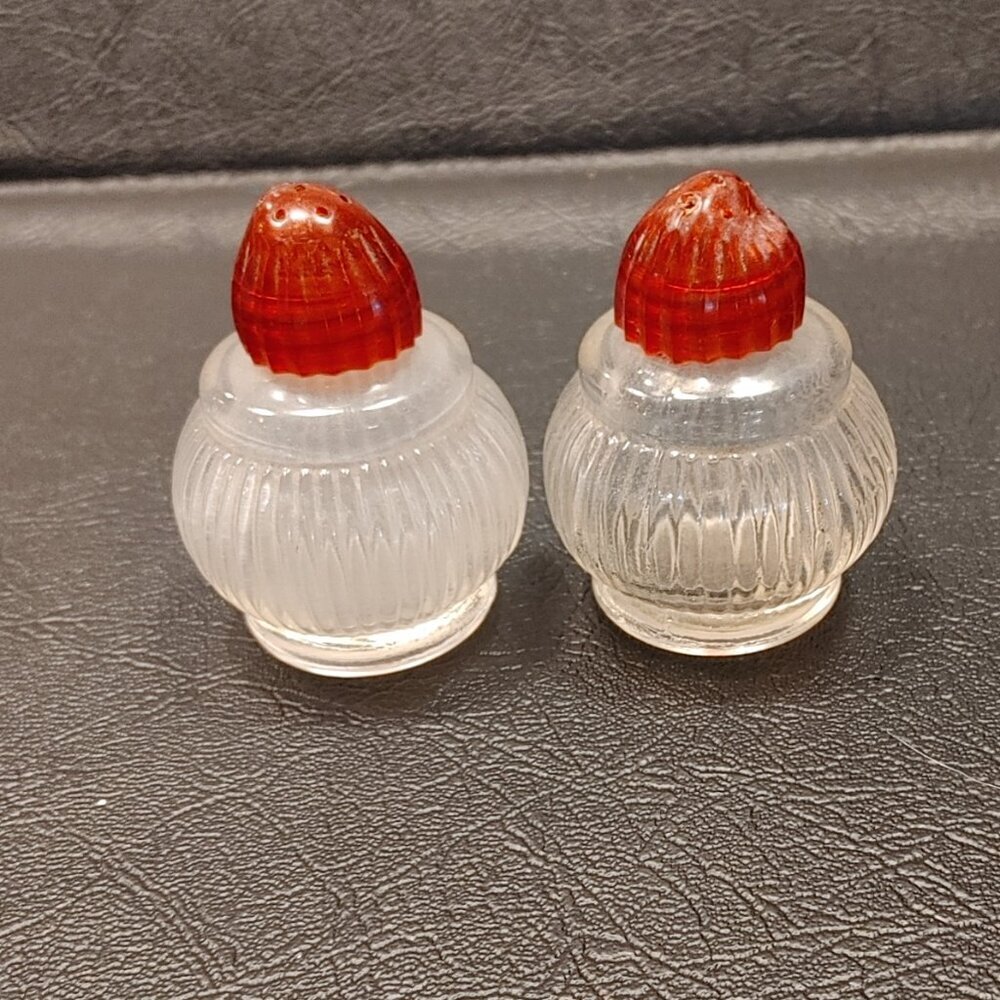 Vintage Glass Globe Ribbed Salt & Pepper Shakers w/Red Caps
